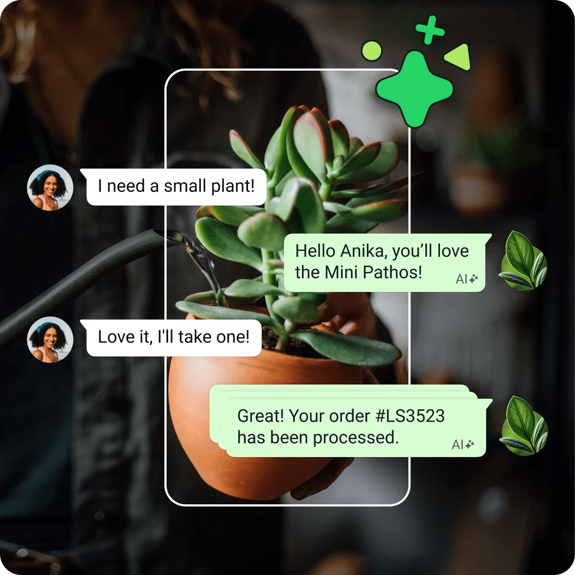 Business AI conversation overlayed on a Mini Pathos plant
